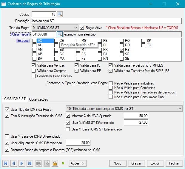 Exemplo de Cadastro de Regras de Impostos com FCP com ST