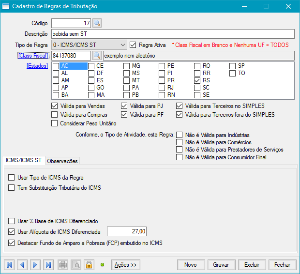 Exemplo de Cadastro de Regras de Impostos com FCP sem ST