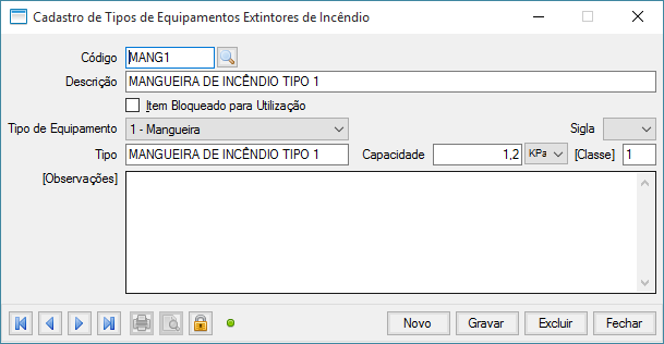 Cadastro de Tipos de Equipamentos Extintores